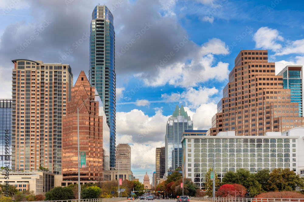 Austin Downtown Skyline in sunny day in autumn in Austin, Texas, USA