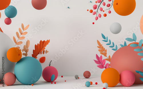 Colorful 3D Spheres and Leaves on White Background