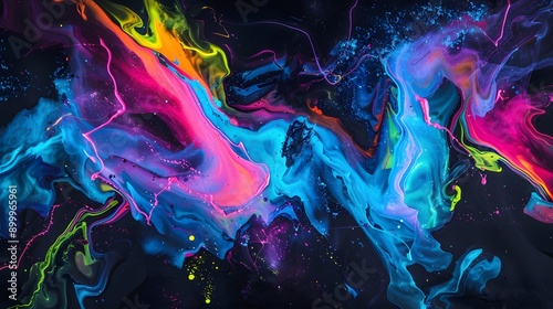 Dynamic fluid art piece with vibrant neon colors swirling on black background