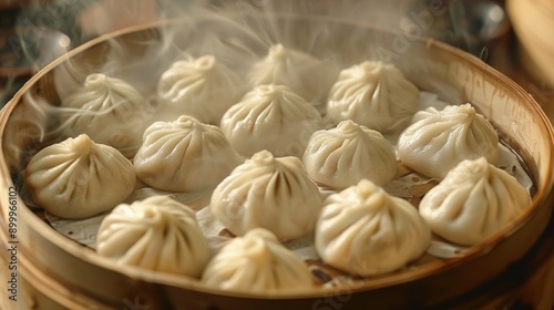 Delicious steaming dumplings in a wooden bamboo steamer. Authentic Asian cuisine at its best captured in a close-up shot. Perfect for food blogs, restaurant promotions, and culinary websites. AI.