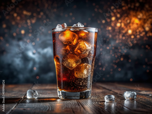 Fizzy dark liquid with ice cubes and bubbles in a glass, cold refreshing drink with carbonation, sparkling soda water with ice splashing to the top.