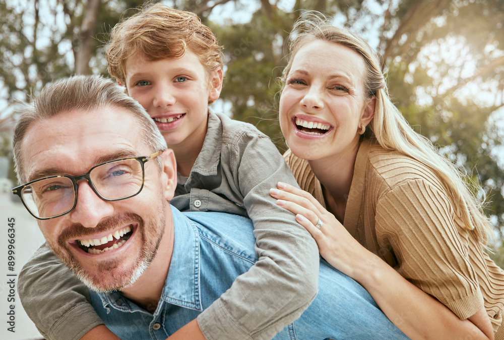 Fototapeta premium Parents, child and piggyback with portrait outdoor for playful game, bonding and support of love in backyard. Smile, family and boy with trust, security and care from mom and dad with hug together