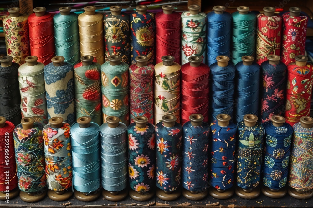 A collection of colorful threads neatly displayed in rows, each spool featuring unique and detailed pattern designs, showcasing the beauty of textile art and craftsmanship. A collection of colorful threads neatly displayed in rows, each spool featuring unique and detailed pattern designs, showcasing the beauty of textile art and craftsmanship.