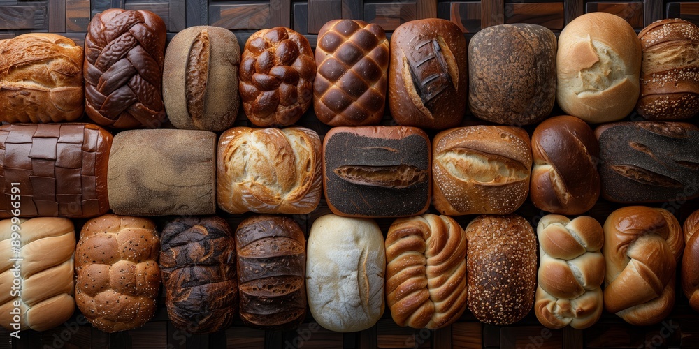 This image captures an assortment of freshly baked bread loaves, highlighting a variety of textures, shapes, and styles, perfect for showcasing artisanal baking techniques and rustic appeal. This image captures an assortment of freshly baked bread loaves, highlighting a variety of textures, shapes, and styles, perfect for showcasing artisanal baking techniques and rustic appeal.