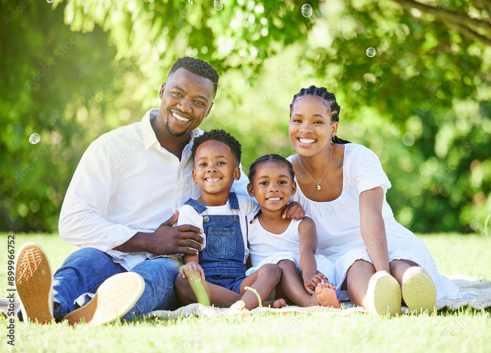 Fototapeta premium Black family, portrait and relax in park with love for bonding together, affection and care outdoor. Happy people, parents and kids in nature for summer holiday, support and smile on blanket on lawn