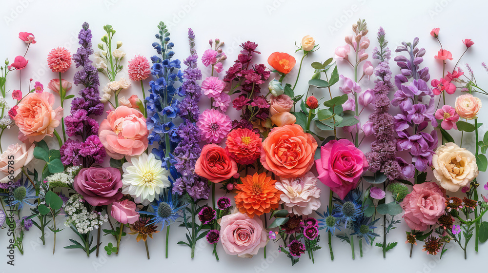 Creative layout made of various flowers. Flat lay delicate colors bouquet Creative layout made of various flowers. Flat lay delicate colors bouquet