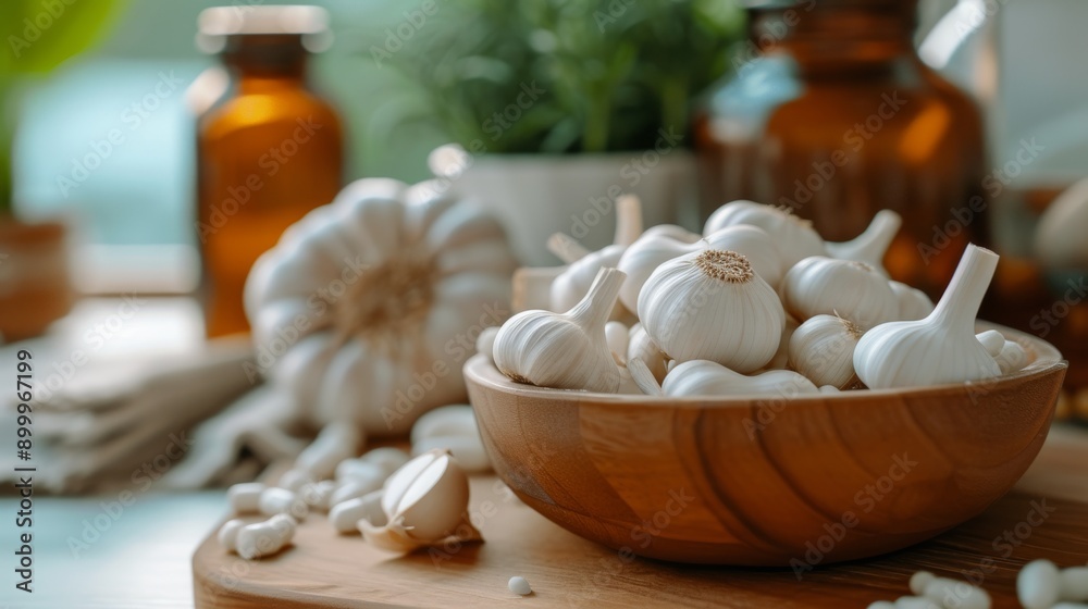 A close-up shot of fresh garlic bulbs in a wooden bowl, placed on a kitchen counter with a blurred background of kitchen items. The soft lighting highlights the natural texture and color of the garlic A close-up shot of fresh garlic bulbs in a wooden bowl, placed on a kitchen counter with a blurred background of kitchen items. The soft lighting highlights the natural texture and color of the garlic
