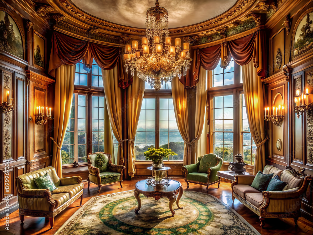 Obraz premium Elegant Victorian-style room with lavish antique furniture, rich drapery, and ornate chandeliers surrounded by numerous windows, including a grand bay window with stunning view.