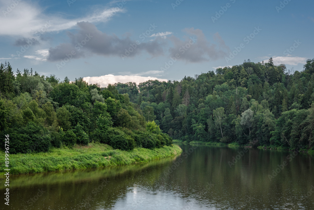 Fototapeta premium Gauja river in Sigulda, Latvia on a rainy July day