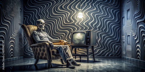 A skeleton slumps in an armchair, mesmerized by a vintage television broadcasting distorted, grayscale images, surrounded by eerie, pulsing lights, and cryptic, swirling patterns. photo