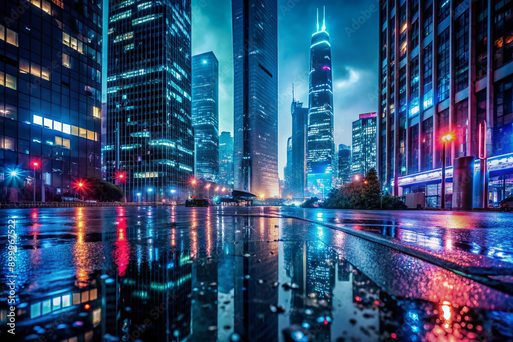 Obraz premium Moody urban nightscape captures city's sleek skyscrapers shimmering with raindrops on glass window, neon lights reflecting off wet pavement, darkness illuminated by city glow.