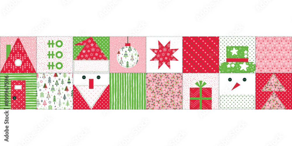 Christmas, New Year, Winter Holidays Seamless Banner. Patchwork Border. Decorative Abstract Geometric Mosaic Tape Pattern in Folk Style. Quilting Vector pattern. 