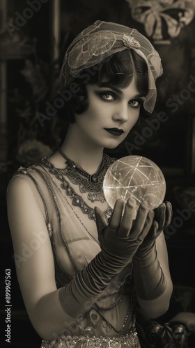 A monochrome portrait of a vintage woman adorned with intricate jewelry and a lace headpiece, gracefully holding a crystal sphere, set against an ornate background, exuding an aura of mystery.