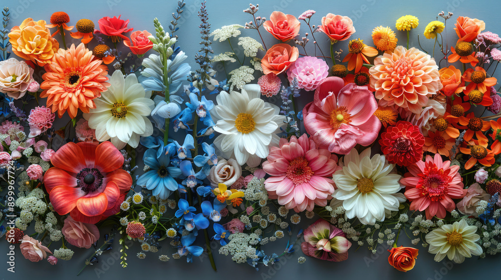 Creative layout made of various flowers. Flat lay delicate colors bouquet Creative layout made of various flowers. Flat lay delicate colors bouquet
