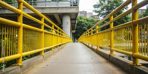A low angle photograph of a concrete pedestrian walkway with yellow metal rails showing robust concrete engineering elements AI-