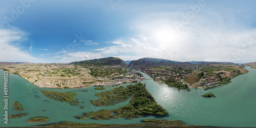 360-degree panoramic view of the canyon and the Sulak River in the village of Novo-Zubutli in the Republic of Dagestan, Russia. Popular tourist destination. Seamless spherical panorama HDRI photo