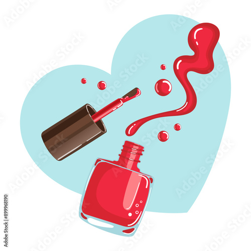 Vector illustration of vibrant red nail polish with a brush and splash, set against a heart background