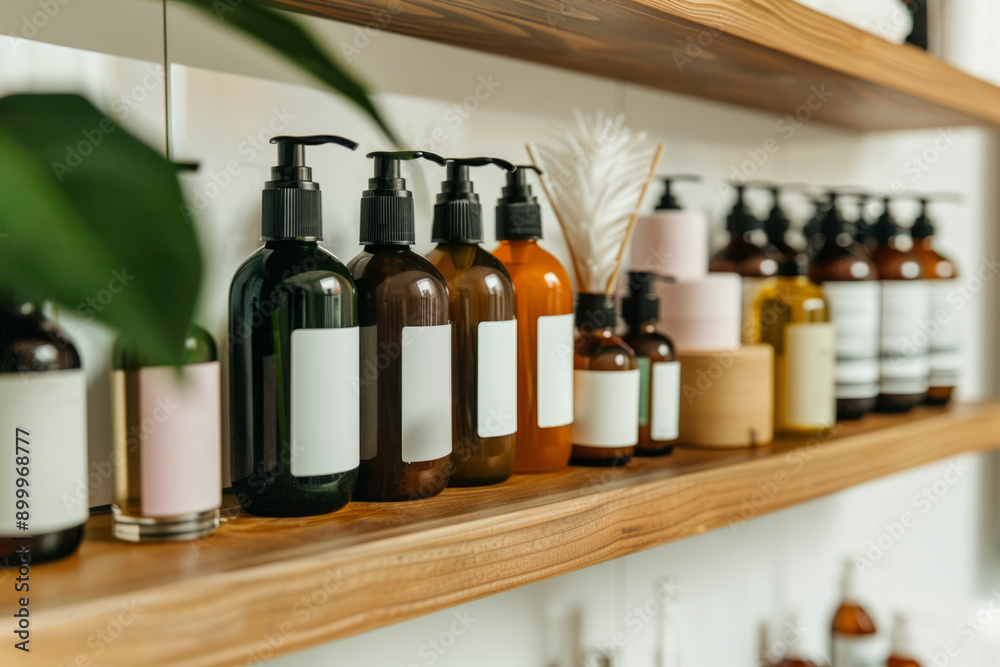 Skincare beauty products in elegant bottles arranged on a shelf in a modern bathroom Skincare beauty products in elegant bottles arranged on a shelf in a modern bathroom