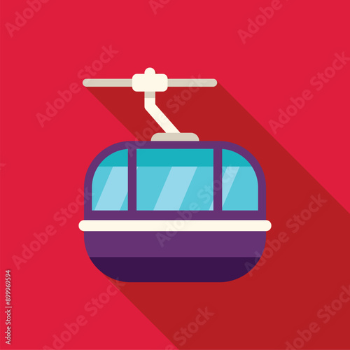 Purple cable car gondola hanging from a cable, transporting people to the top of a mountain