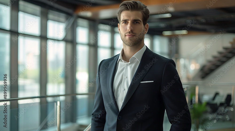 A businessman in a tailored suit standing confidently in a modern office A businessman in a tailored suit standing confidently in a modern office