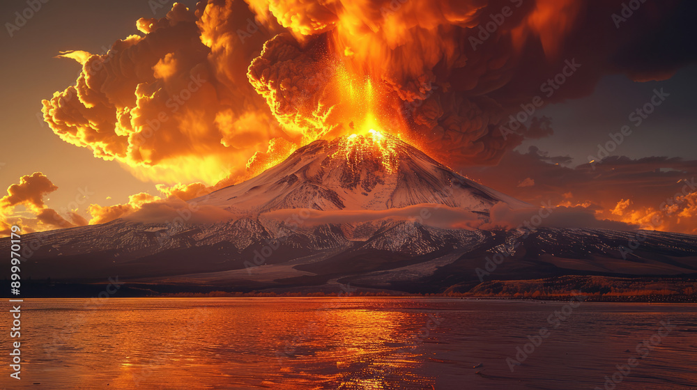 Fototapeta premium spectacular snow-capped volcano erupting into the setting sun