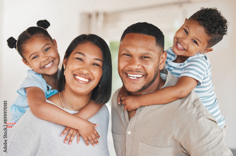Family, portrait and carrying in living room for bonding, relax and relationship together on weekend. Mother, father and children with smile in house for love, care and support as happy people Family, portrait and carrying in living room for bonding, relax and relationship together on weekend. Mother, father and children with smile in house for love, care and support as happy people