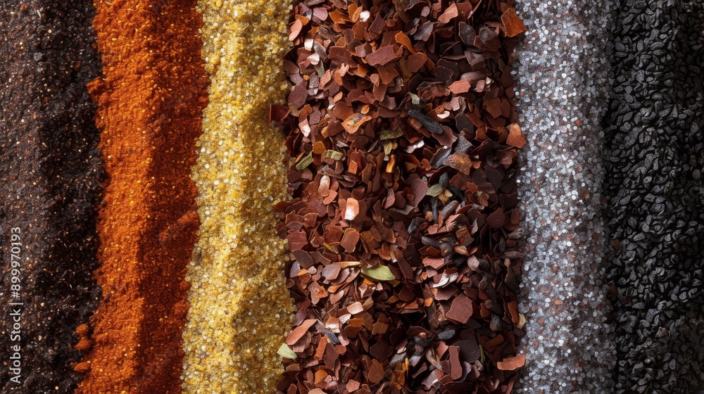 A captivating close-up image of various spices and salts meticulously organized in rows. The vibrant colors and textures of the spices, including paprika, turmeric, and sea salt, create a visually A captivating close-up image of various spices and salts meticulously organized in rows. The vibrant colors and textures of the spices, including paprika, turmeric, and sea salt, create a visually