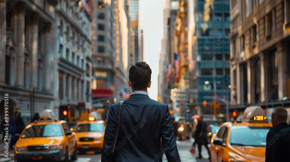 A businessman walking confidently down a busy city street A businessman walking confidently down a busy city street