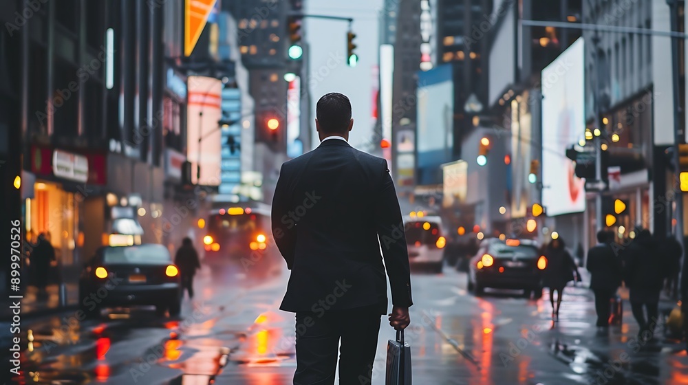 A businessman walking confidently down a busy city street A businessman walking confidently down a busy city street