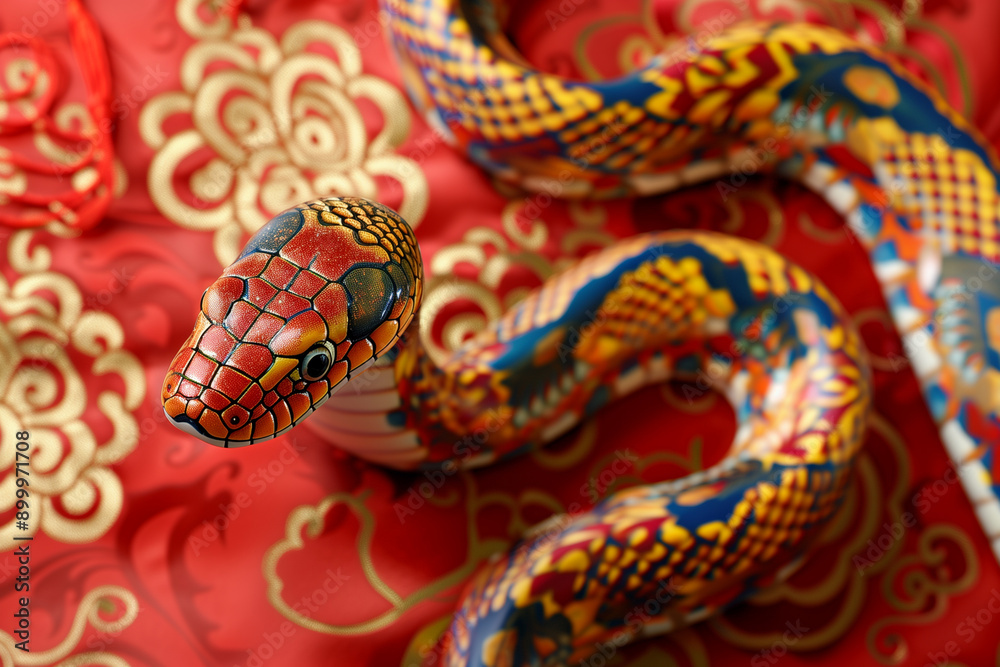 A close up of the head and body of an ancient Chinese wooden snake shaped figure painted in vibrant colors with gold patterns on its scales, symbolizing luck and prosperity in Chinese culture. A close up of the head and body of an ancient Chinese wooden snake shaped figure painted in vibrant colors with gold patterns on its scales, symbolizing luck and prosperity in Chinese culture.