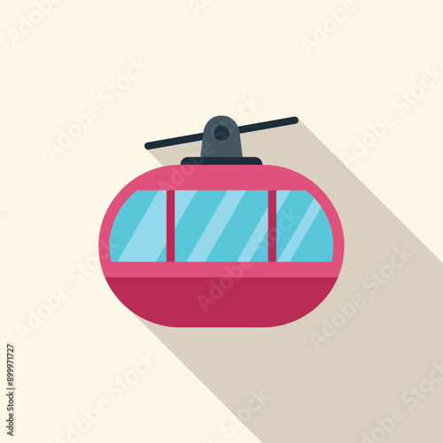 Red cable car hanging from cableway taking tourists up mountain