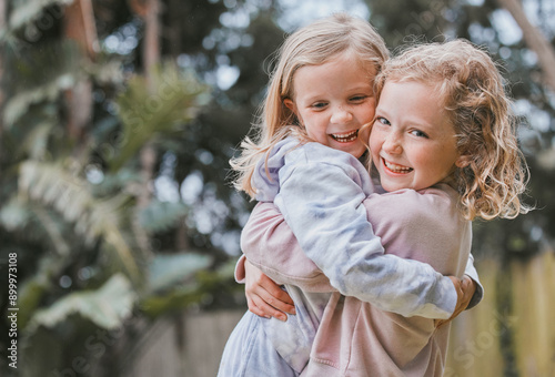 Bild auf Leinwand Garden, smile and siblings in portrait with hug, playful and bonding together with childhood games in park