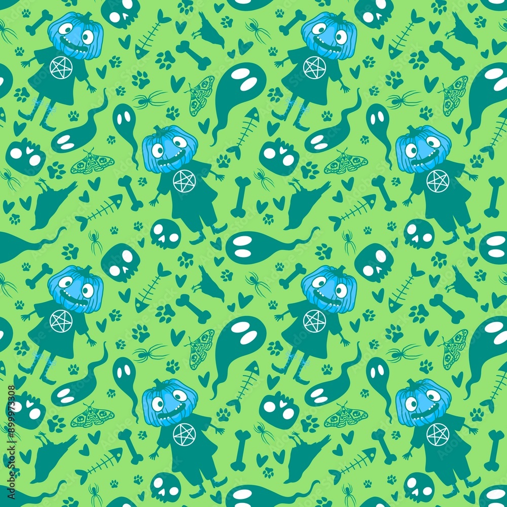 Fototapeta premium Halloween pumpkins seamless monsters pattern for wrapping paper and fabric