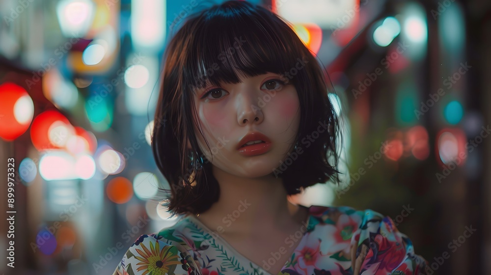 夜の街で見つめる日本人女性 夜の街で見つめる日本人女性
