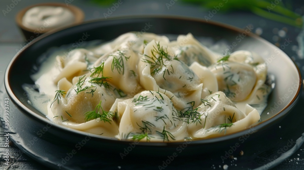 Delicious Plate of Dumplings with Fresh Dill and Creamy Sauce. A Perfect Image for Food Blogs and Cooking Websites. Ideal for Promoting Culinary Excellence and Home-Cooked Meals. AI Delicious Plate of Dumplings with Fresh Dill and Creamy Sauce. A Perfect Image for Food Blogs and Cooking Websites. Ideal for Promoting Culinary Excellence and Home-Cooked Meals. AI
