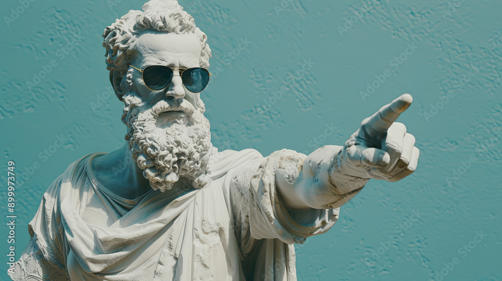Sculpture of a Greek man in sunglasses pointing finger isolated on pastel blue background modern and playful twist on classical art bold and contemporary visual striking contrast between ancient Sculpture of a Greek man in sunglasses pointing finger isolated on pastel blue background modern and playful twist on classical art bold and contemporary visual striking contrast between ancient