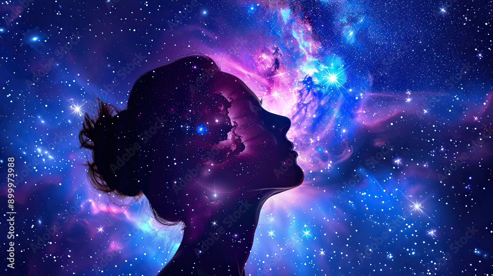 Obraz premium Universe meta human goddess spirit silhouette on galaxy space background mystical and ethereal scene celestial and cosmic setting vibrant and colorful galaxy stunning and otherworldly visual divine