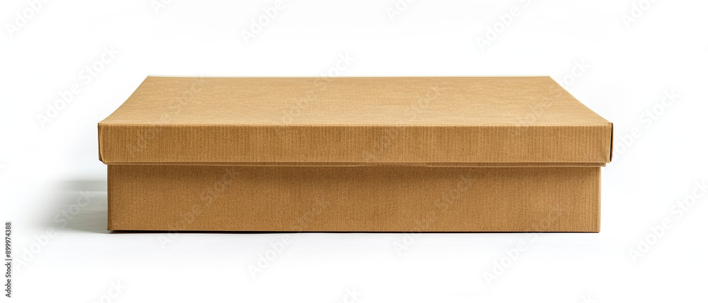 Wide empty closed cardboard box mockup isolated on white background simple and clean design practical and versatile packaging blank and neutral appearance ready for customization functional Wide empty closed cardboard box mockup isolated on white background simple and clean design practical and versatile packaging blank and neutral appearance ready for customization functional