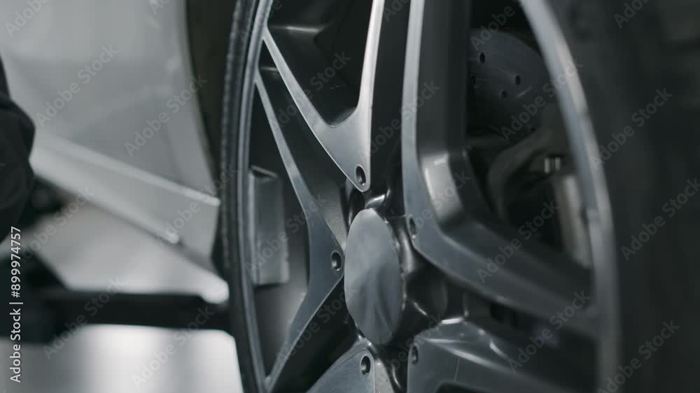 Close-up of hands of anonymous male mechanic in red gloves tightening bolts on wheel after changing tyre, on white car raised on hydraulic lift at professional garage Close-up of hands of anonymous male mechanic in red gloves tightening bolts on wheel after changing tyre, on white car raised on hydraulic lift at professional garage