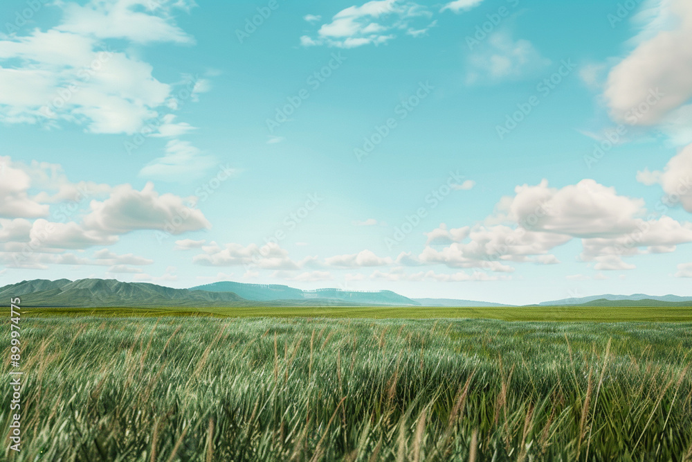 Fototapeta premium Grass field professional photo, green grass and blue sky, natural landscape