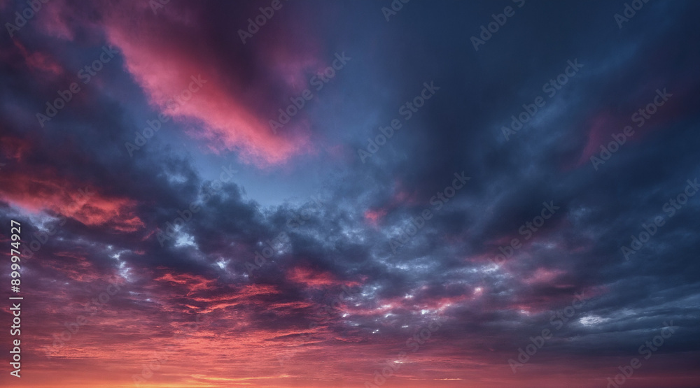 Fototapeta premium Stimmungsvolle Abendhimmelszene mit intensiven Farben und dichten Wolkenformationen, die den Himmel in ein faszinierendes Farbspiel aus tiefem Blau, kräftigem Rosa und leuchtendem Orange tauchen