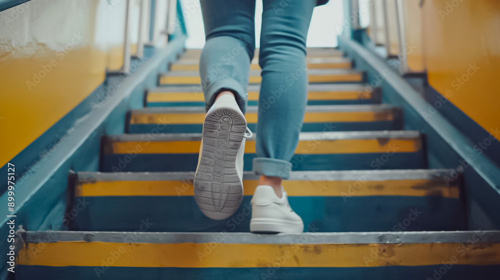 Obraz premium A person is walking up a set of stairs in a yellow and blue building