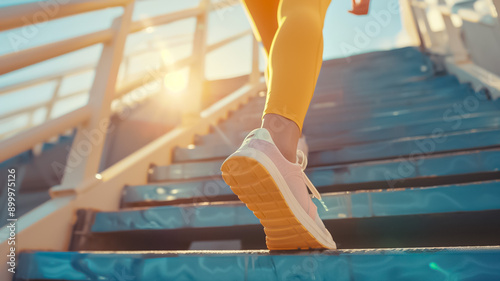 A woman in yellow pants is running up a set of stairs
