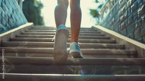 A woman is walking up a set of stairs in her white sneakers