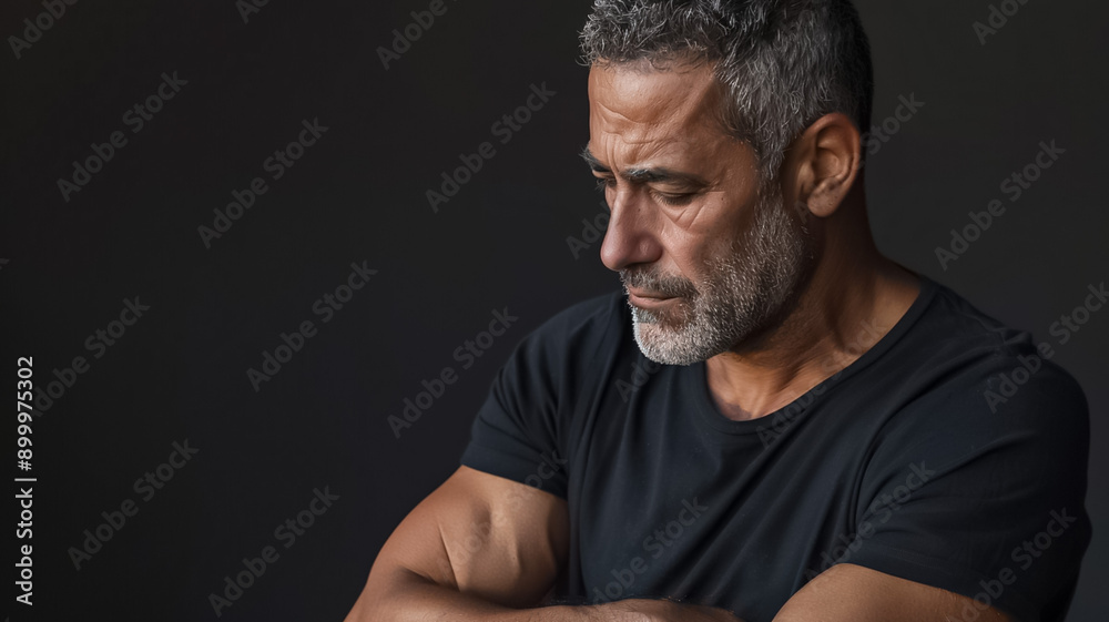 A man with a beard and gray hair is wearing a black shirt and looking down A man with a beard and gray hair is wearing a black shirt and looking down