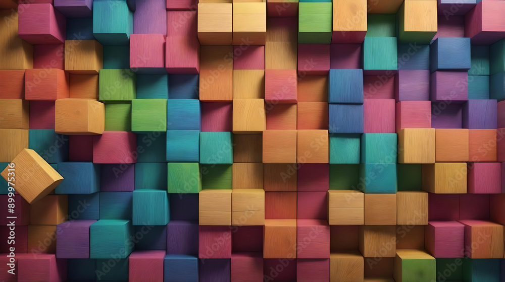 A colorful wall made of wooden blocks. The blocks are of different colors and sizes, creating a vibrant and lively atmosphere. The wall appears to be a creative and artistic piece A colorful wall made of wooden blocks. The blocks are of different colors and sizes, creating a vibrant and lively atmosphere. The wall appears to be a creative and artistic piece