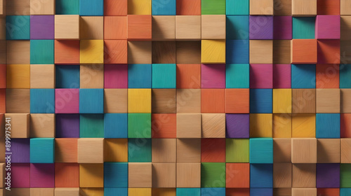 A colorful wall made of wooden blocks. The blocks are of different colors and sizes, creating a vibrant and lively atmosphere. The wall appears to be a creative and artistic piece