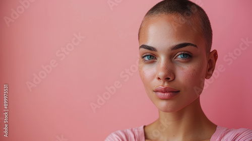 young bald woman suffering from alopecia following chemotherapy treatment to treat cancer, space for text on the side