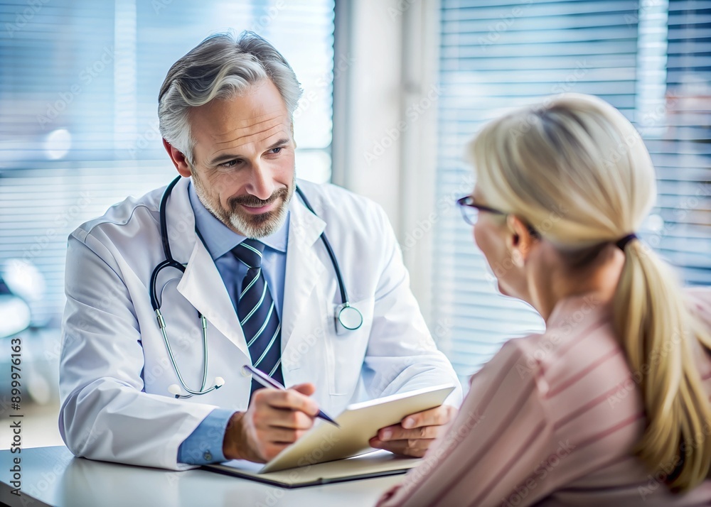 A male doctor consults a female patient, clinic, hospital, white coat, office, close up A male doctor consults a female patient, clinic, hospital, white coat, office, close up