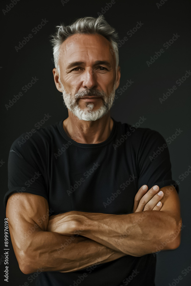 A man with a beard and gray hair is wearing a black shirt A man with a beard and gray hair is wearing a black shirt